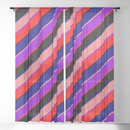 [ Thumbnail: Colorful Blue, Light Coral, Dark Violet, Red, and Black Colored Lined Pattern Sheer Curtain ]