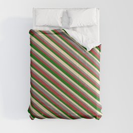[ Thumbnail: Tan, Gray, Brown & Dark Green Colored Lines/Stripes Pattern Comforter ]