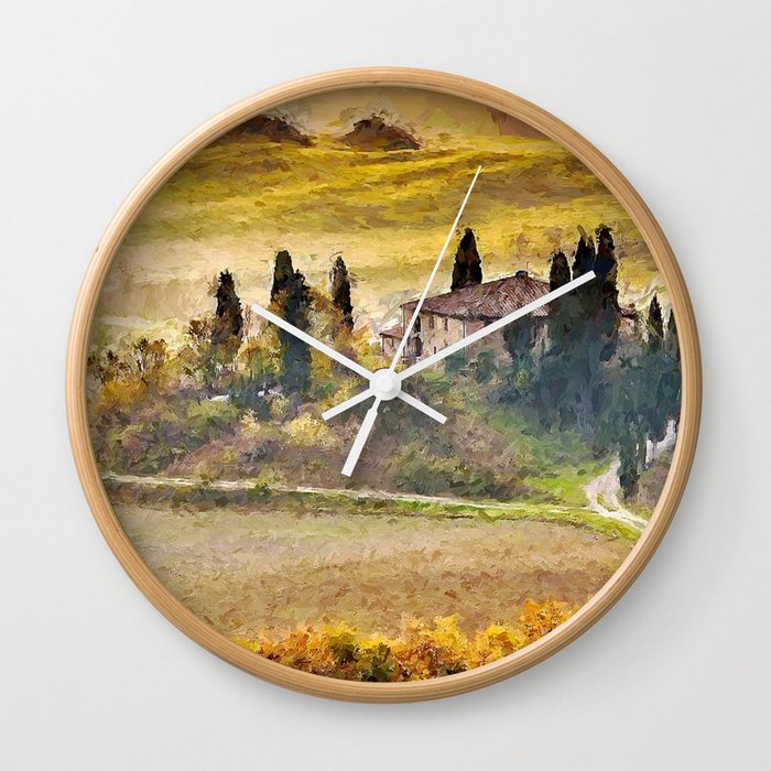 Italian Villa, Rolling Hills and Vineyards of Tuscany, Italy landscape painting Wall Clock
