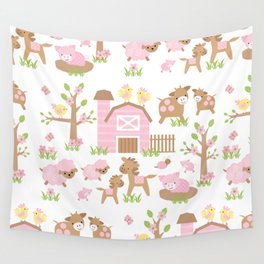 Pink Farm Animals Wall Tapestry