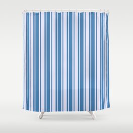 [ Thumbnail: Blue and Lavender Colored Pattern of Stripes Shower Curtain ]