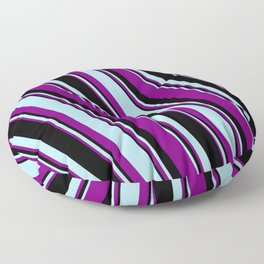 [ Thumbnail: Powder Blue, Purple, and Black Colored Striped/Lined Pattern Floor Pillow ]