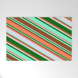 [ Thumbnail: Eyecatching Brown, Coral, Lavender, Dark Green & Aquamarine Colored Lines Pattern Welcome Mat ]