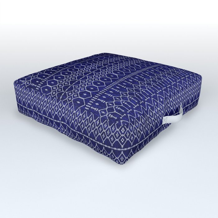 Indigo Intricacies: Geometric Moroccan Fabric Style Artwork Outdoor Floor Cushion