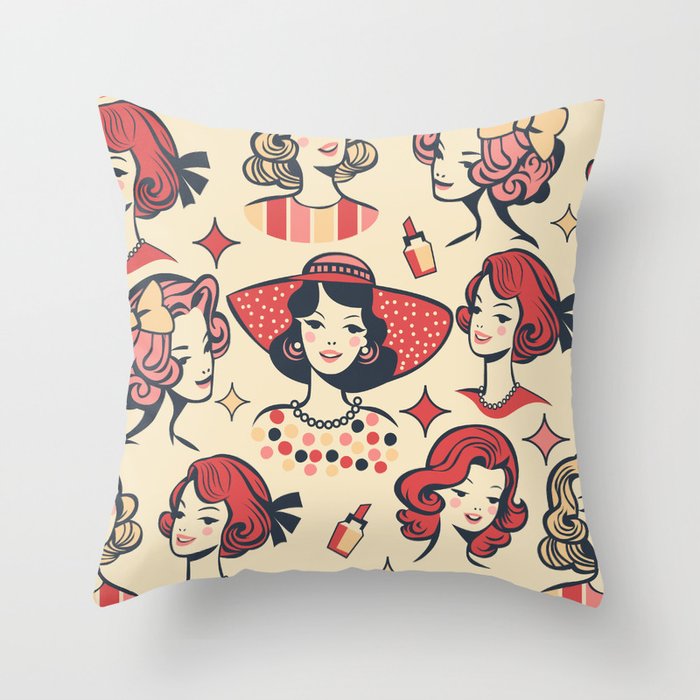 Bold & Colorful Vintage Ladies - Indian Red Throw Pillow