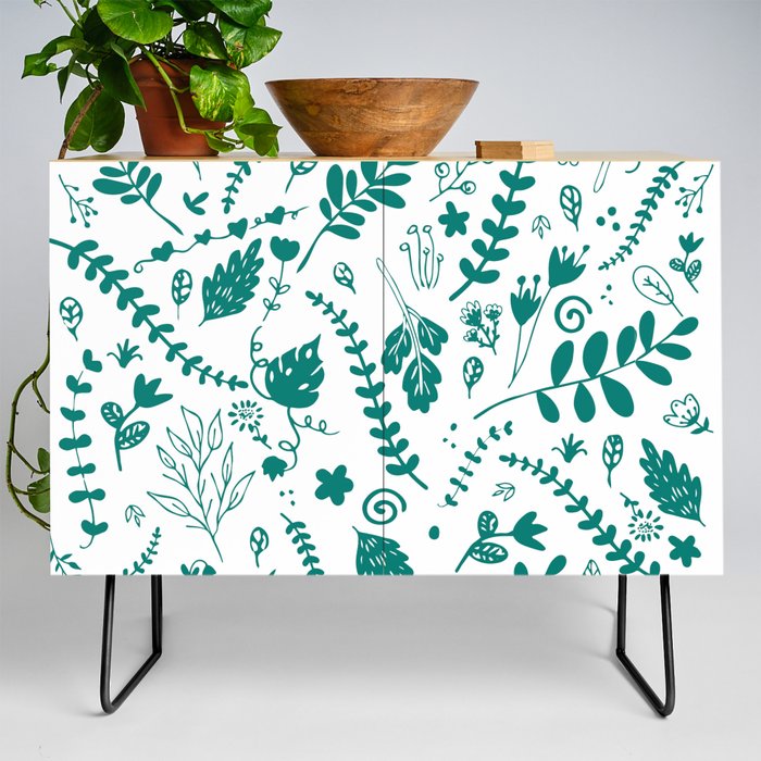 Pine Green - Cute Floral Leaf Pattern Credenza