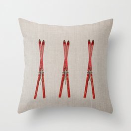 Red Vintage Skis Throw Pillow