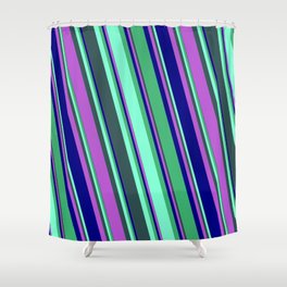 [ Thumbnail: Eyecatching Sea Green, Aquamarine, Dark Slate Gray, Orchid, and Blue Colored Lines Pattern Shower Curtain ]
