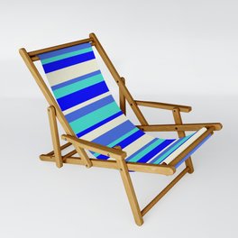 [ Thumbnail: Royal Blue, Turquoise, Blue & Beige Colored Lined Pattern Sling Chair ]