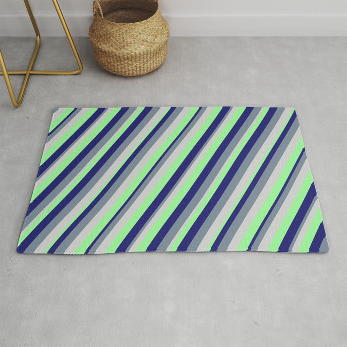 Light Grey, Green, Midnight Blue, and Light Slate Gray Colored Stripes/Lines Pattern Rug