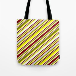 [ Thumbnail: Eyecatching Green, Yellow, Mint Cream, Dark Red, and Light Gray Colored Lined Pattern Tote Bag ]