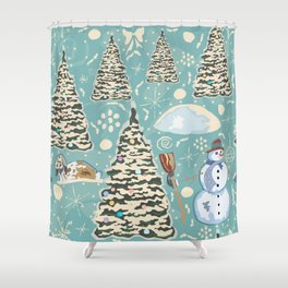 Winter Seamless Pattern with bunnies, spruce trees and snowman Shower Curtain