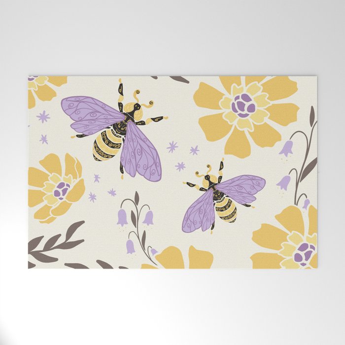 Honey Bees and Flowers - Yellow and Lavender Purple Welcome Mat