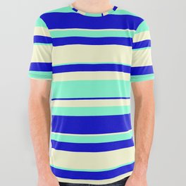 [ Thumbnail: Light Yellow, Aquamarine, and Blue Colored Striped/Lined Pattern All Over Graphic Tee ]