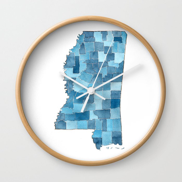 Mississippi Counties Blueprint watercolor map Wall Clock