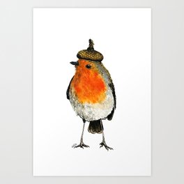 Robin with acorn hat Art Print