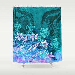 Polynesian Teal Tribal Ocean Spray - Hawaiian Ocean Spray Shower Curtain