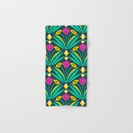 Art deco floral pattern in green, pink, and yellow Hand & Bath Towel