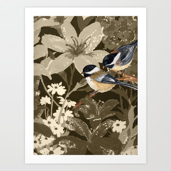 Bird-Chickadees with Lillies Art Print
