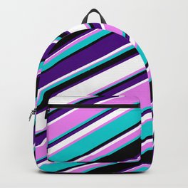 [ Thumbnail: Eyecatching Violet, Dark Turquoise, Black, Indigo & White Colored Lines/Stripes Pattern Backpack ]