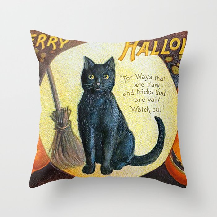 Merry Halloween Black Cat Throw Pillow