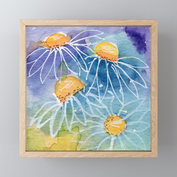 Abstract Daisies - blue and purple palette Framed Mini Art Print