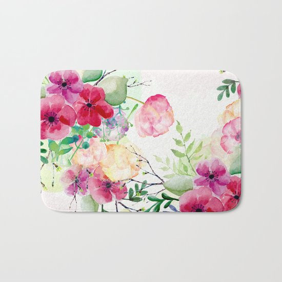 Vintage Flowers - Watercolor Floral Painting Bath Mat