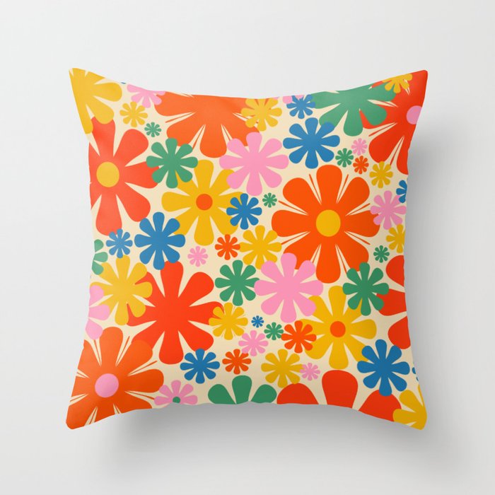 Retro 60s 70s Aesthetic Floral Pattern in Rainbow Pop Colours Throw Pillow  by Kierkegaard Design Studio | Society6