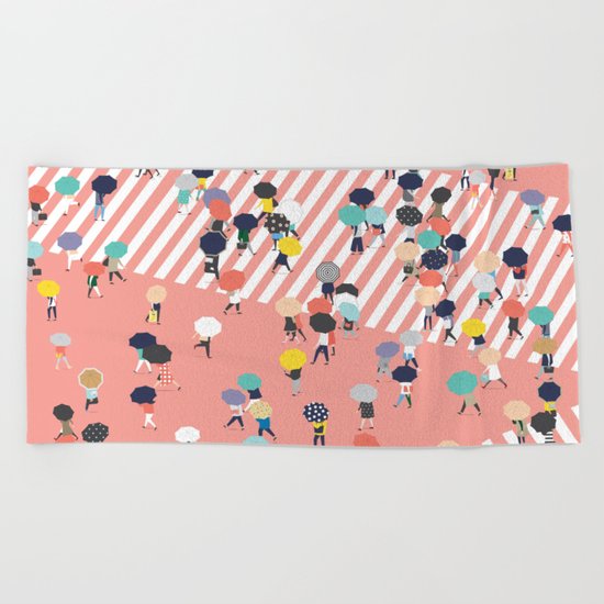 Crossing The Street On a Rainy Day Beach Towel
