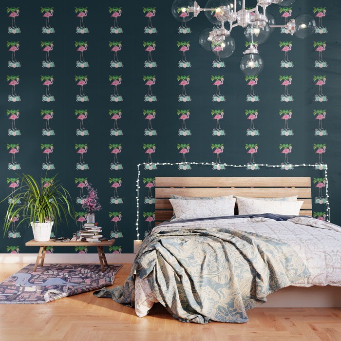 Pink Flamingo & Green Palm Tree Wallpaper by moonfluff | Society6