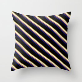 [ Thumbnail: Vibrant Dark Goldenrod, Light Cyan, Brown, Midnight Blue & Black Colored Stripes/Lines Pattern Throw Pillow ]