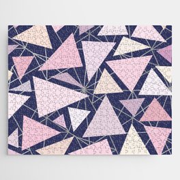 Geometric navy blue silver coral pink ivory triangles  Jigsaw Puzzle
