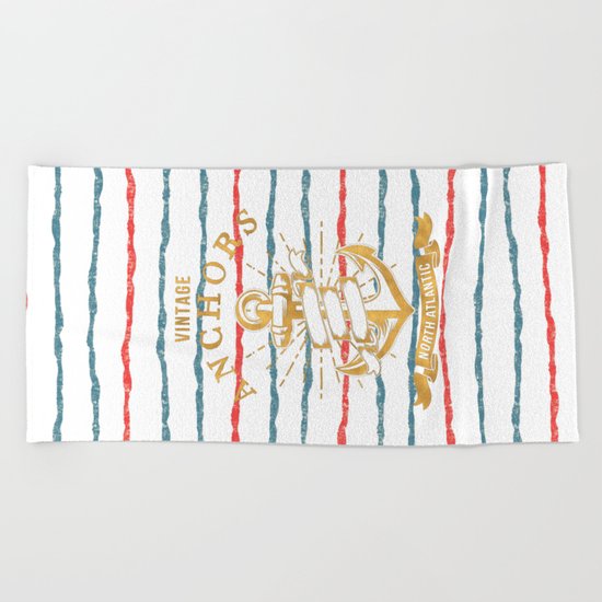 Maritime Design- Nautic Vintage Anchor on stripes in blue and red #Society6 Beach Towel