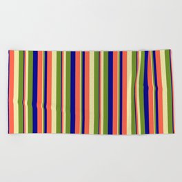 [ Thumbnail: Pale Goldenrod, Green, Dark Blue & Red Colored Stripes/Lines Pattern Beach Towel ]