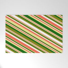 [ Thumbnail: Eyecatching Green, White, Red, Tan & Dark Green Colored Striped/Lined Pattern Welcome Mat ]