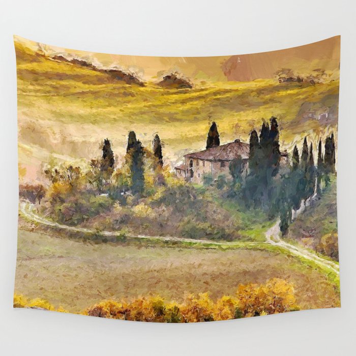 Italian Villa, Rolling Hills and Vineyards of Tuscany, Italy landscape painting Wall Tapestry