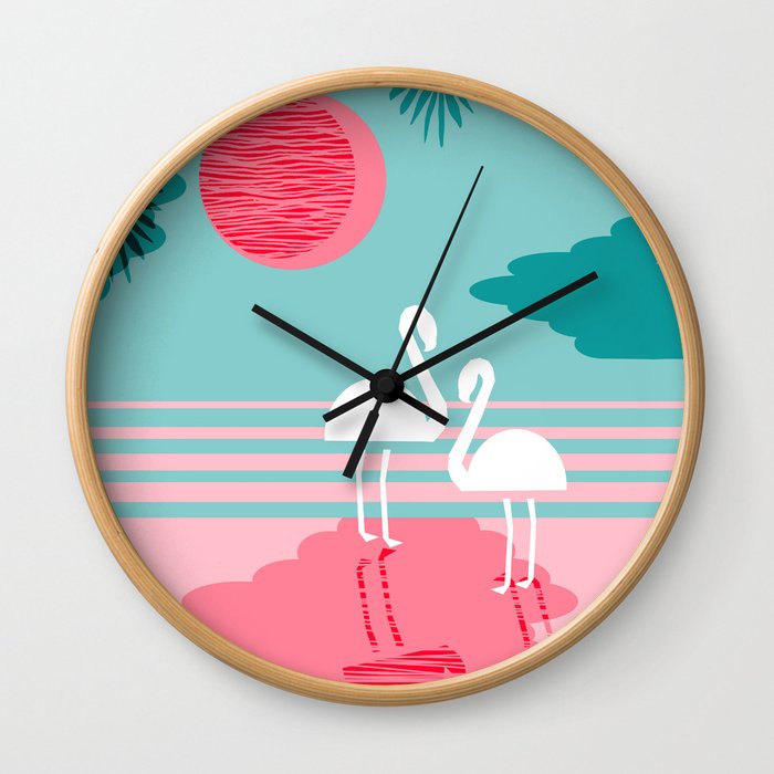 Chill Vibes - memphis retro throwback 1980s 80s neon pop art flamingo paradise socal vacation Wall Clock