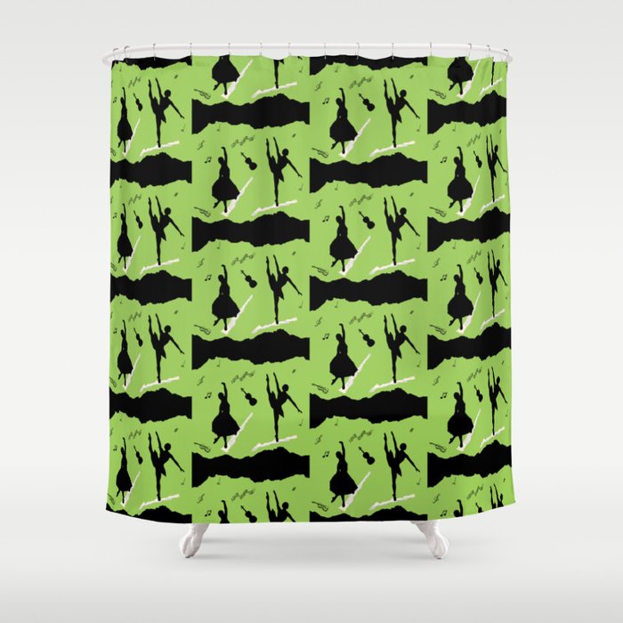 Two ballerina figures in black on green paper Shower Curtain