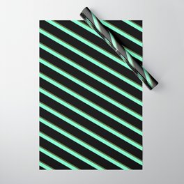 [ Thumbnail: Dark Olive Green, Aquamarine, and Black Colored Striped Pattern Wrapping Paper ]