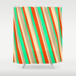 [ Thumbnail: Tan, Beige, Red & Green Colored Striped Pattern Shower Curtain ]