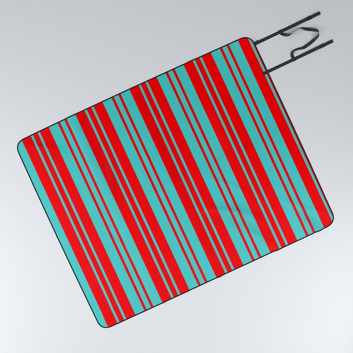 Turquoise & Red Colored Lines Pattern Picnic Blanket