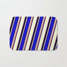 [ Thumbnail: Light Yellow, Dark Salmon, Blue, and Black Colored Striped/Lined Pattern Bath Mat ]