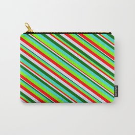 [ Thumbnail: Vibrant Turquoise, Green, Red, Lavender & Dark Green Colored Lined/Striped Pattern Carry-All Pouch ]