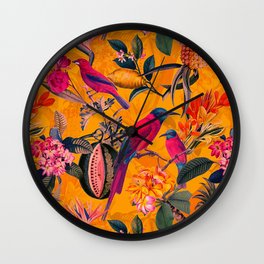 Vintage And Shabby Chic - Colorful Summer Botanical Jungle Garden Wall Clock | Curated, Boho, Floral, Animal, Painting, Bird, Yellowandpink, Bohemian, Colorful, Birds 