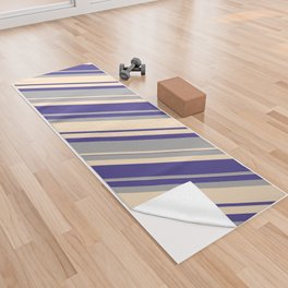 [ Thumbnail: Dark Slate Blue, Dark Grey, and Bisque Colored Pattern of Stripes Yoga Towel ]