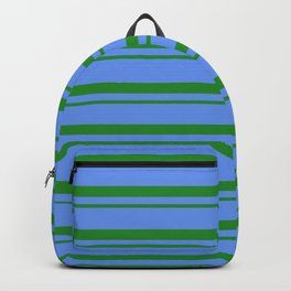 [ Thumbnail: Forest Green & Cornflower Blue Colored Lined Pattern Backpack ]