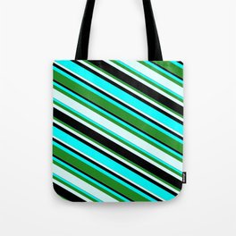 [ Thumbnail: Aqua, Forest Green, Light Cyan, and Black Colored Lines/Stripes Pattern Tote Bag ]