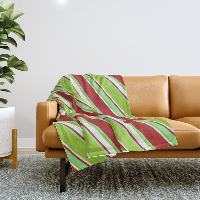 Red, Light Green, Green & Mint Cream Colored Lines Pattern Throw Blanket