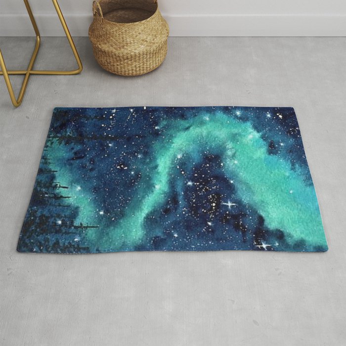 Northern Lights Galaxy Watercolor Landscape Painting Rug By