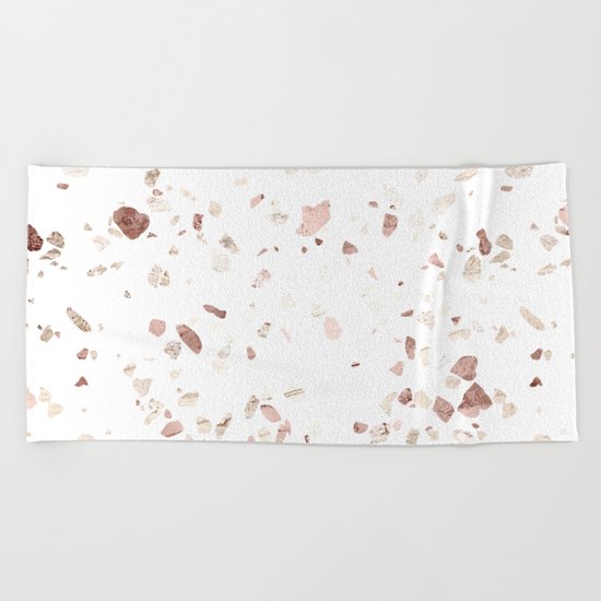 Rose Gold on White Terrazzo Beach Towel